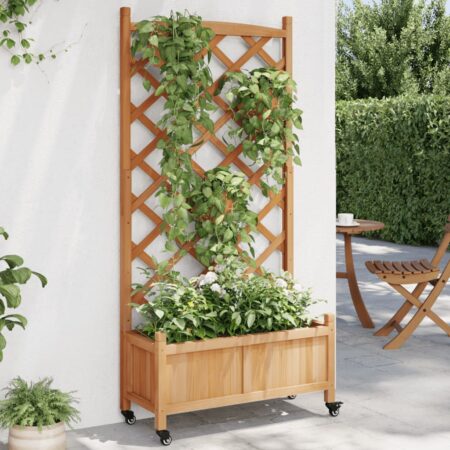 vidaXL plantekasse med espalier og hjul massivt fyrretræ brun