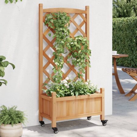 vidaXL plantekasse med espalier og hjul massivt fyrretræ brun