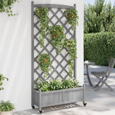 vidaXL plantekasse med espalier og hjul massivt fyrretræ grå