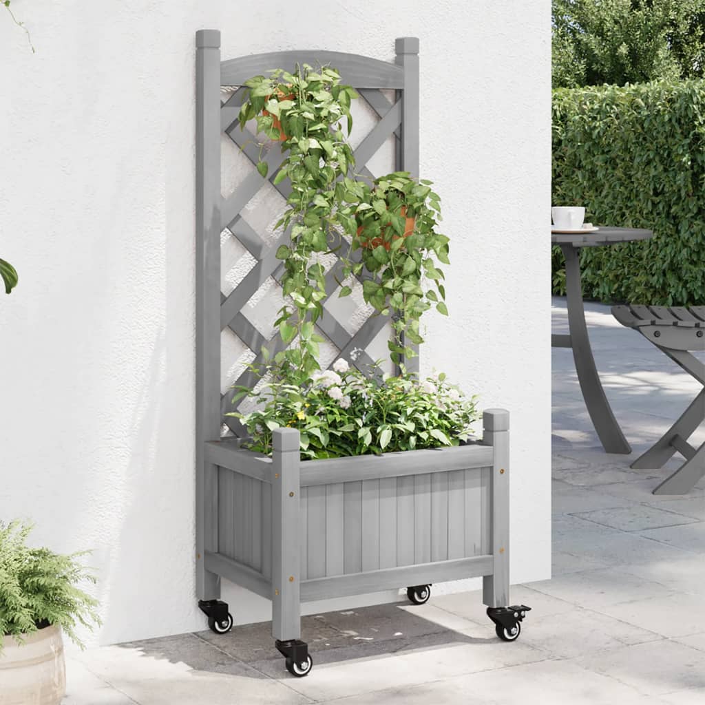vidaXL plantekasse med espalier og hjul massivt fyrretræ grå vidaXL plantekasse med espalier og hjul massivt fyrretræ grå