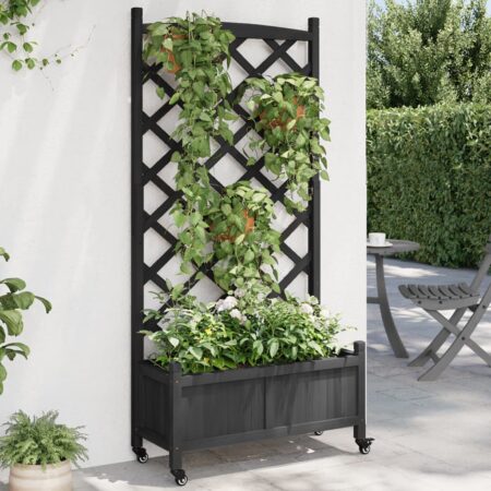 vidaXL plantekasse med espalier og hjul massivt fyrretræ sort