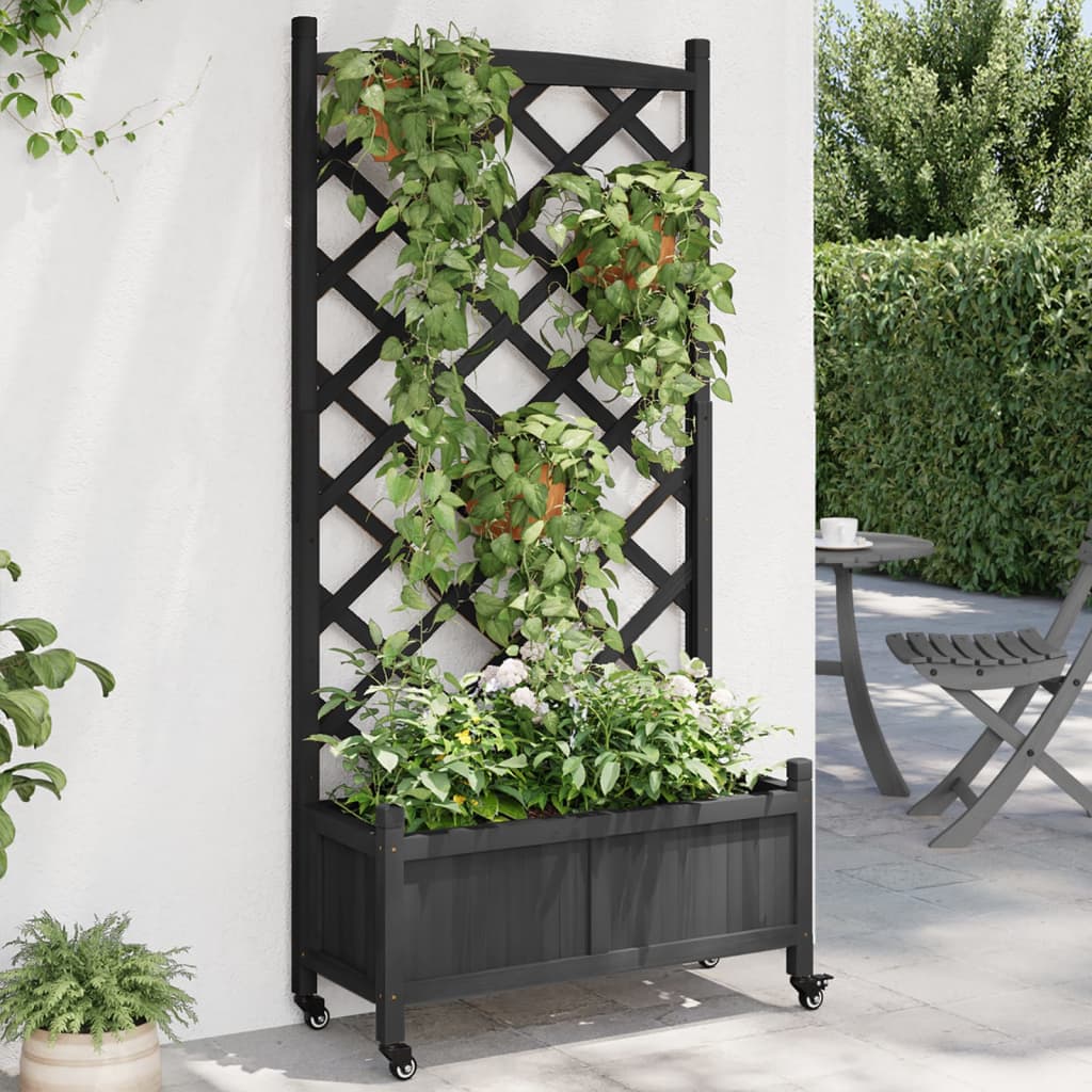 vidaXL plantekasse med espalier og hjul massivt fyrretræ sort vidaXL plantekasse med espalier og hjul massivt fyrretræ sort