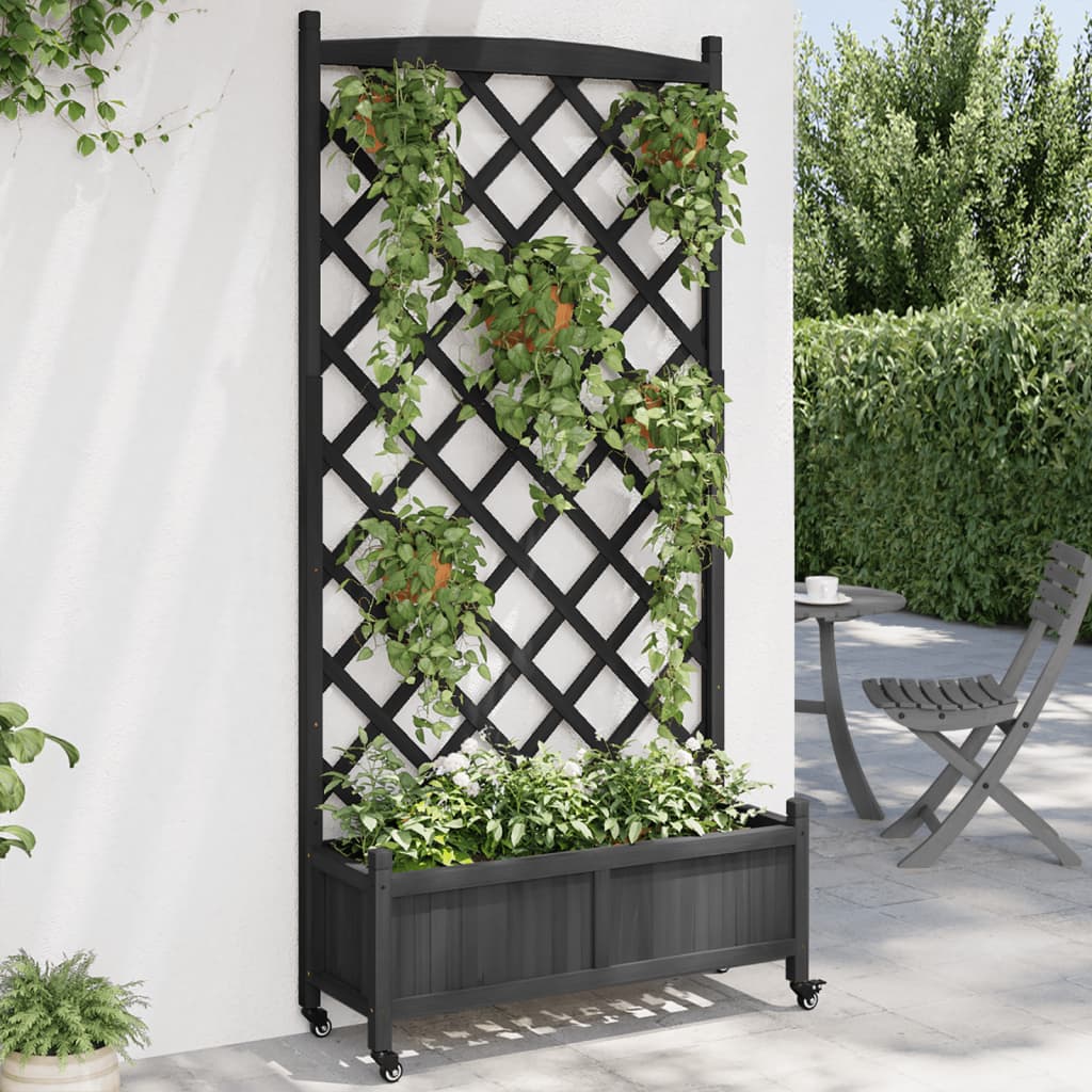 vidaXL plantekasse med espalier og hjul massivt fyrretræ sort vidaXL plantekasse med espalier og hjul massivt fyrretræ sort