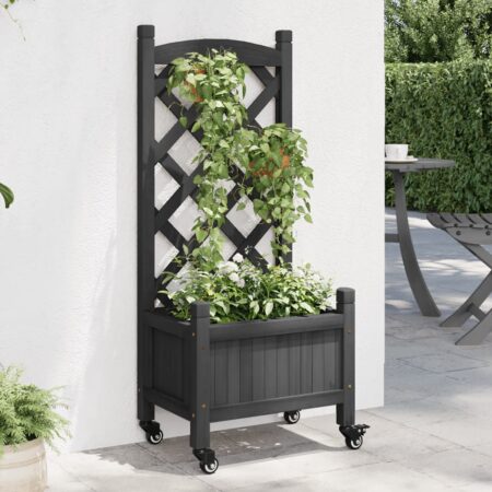 vidaXL plantekasse med espalier og hjul massivt fyrretræ sort