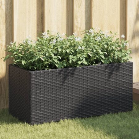 vidaXL plantekasse med hjul og 2 krukker 72x30x32 cm polyrattan sort
