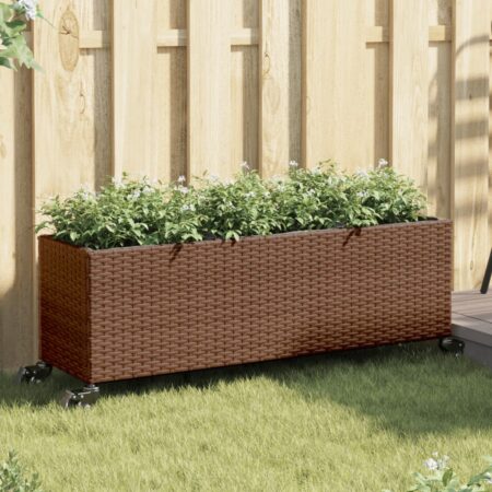 vidaXL plantekasse med hjul og 3 krukker 107x32x38 cm polyrattan brun