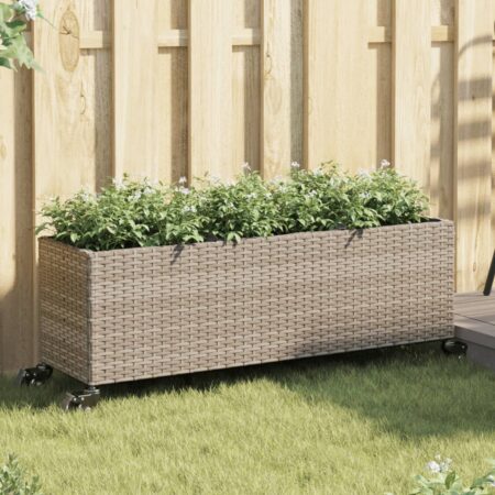 vidaXL plantekasse med hjul og 3 krukker 107x32x38 cm polyrattan grå