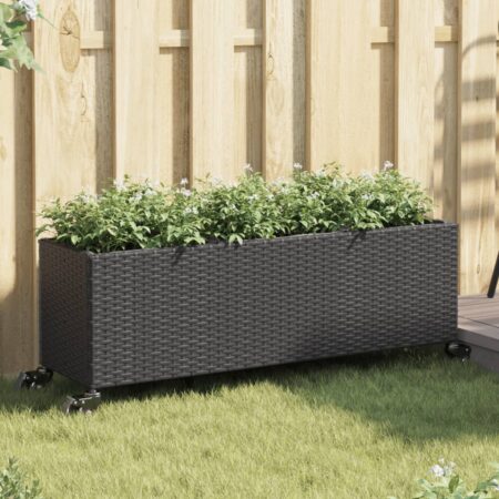 vidaXL plantekasse med hjul og 3 krukker 107x32x38 cm polyrattan sort