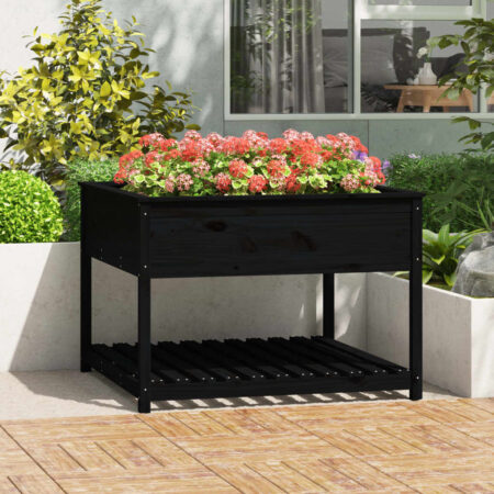 vidaXL plantekasse med hylde 111,5x111,5x81 cm massivt fyrretræ sort