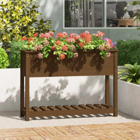 vidaXL plantekasse med hylde 111,5x34,5x81 cm massivt fyrretræ brun