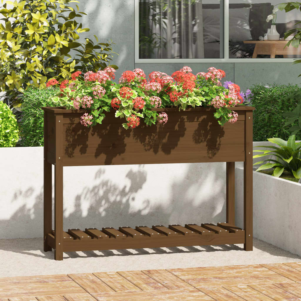 vidaXL plantekasse med hylde 111,5x34,5x81 cm massivt fyrretræ brun vidaXL plantekasse med hylde 111,5x34,5x81 cm massivt fyrretræ brun