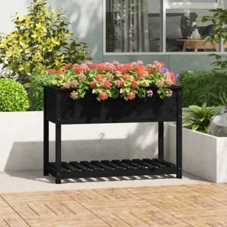 vidaXL plantekasse med hylde 111,5x54x81 cm massivt fyrretræ sort