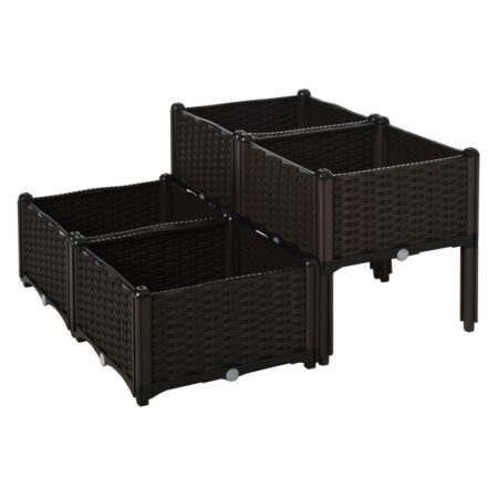 x4 Plantekasser 2-Etagers med drænhuller - Blomsterkasse i Rattan-look 40 x 40 x 44 cm